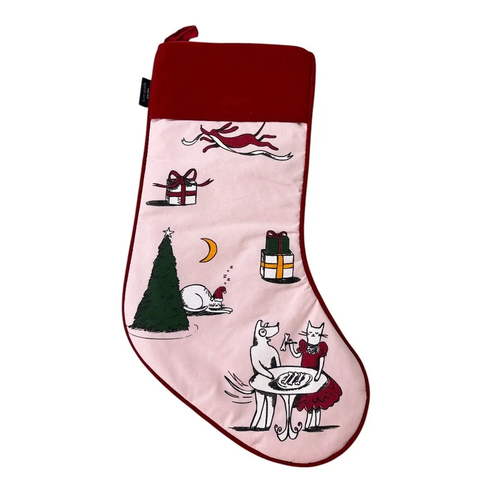 Kate Spade New York Holiday Party cotton stocking Cat & Dog NEW